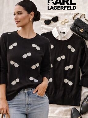 Karl Lagerfeld Sunglasses Sweater Black 3/4 Sleeve Graphic Knit Top Size L